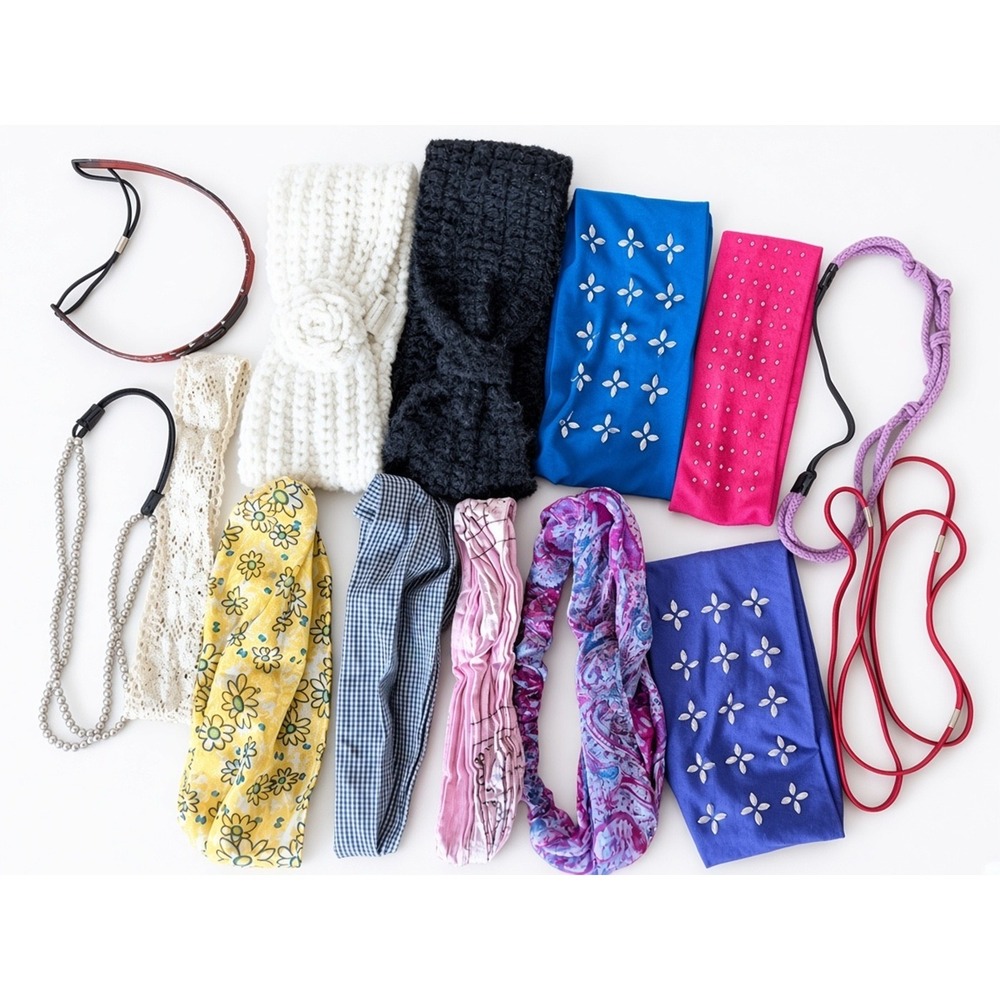 Hair Band Lot of 14 Assorted Styles and Types, Purple Pink Blue Yellow, Clean
